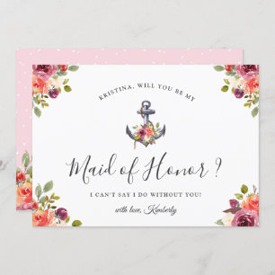 Invitación Floral de Moda de ancla náutica sea mi dama de hon