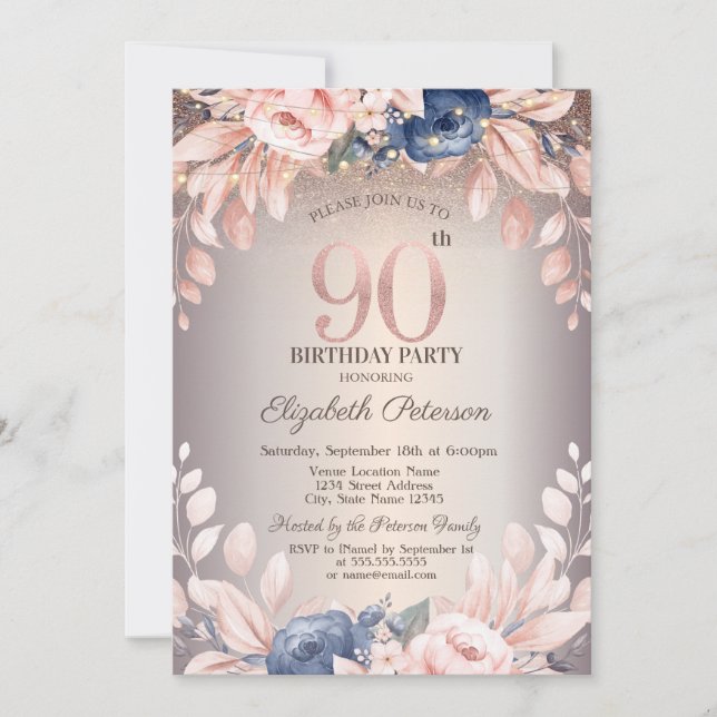 Invitación Floral de Moda de lujo, String Lughts 90 cumpleaño (Anverso)