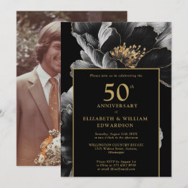 Invitación Floral de Moda Negra y Oro 50 años foto
