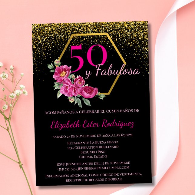 Invitación Floral de Moda rosada de oro negro Fabulosa 50 y e (Subido por el creador)