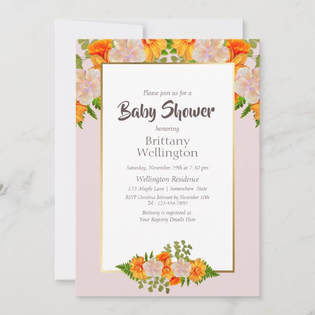 Invitación Floral de Naranja rosa Rubor Gold de Baby Shower (Anverso)