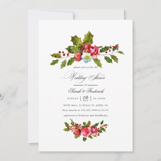 Invitación floral de Navidad para boda con shower  (Anverso)
