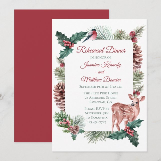 Invitación Floral de Navidades rojos de la cena de invierno (Anverso / Reverso)