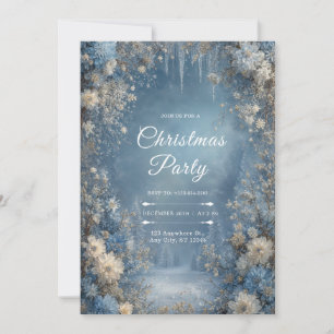 Invitación Floral de Nieve Escarchada Azul Blanca Copo de Nie