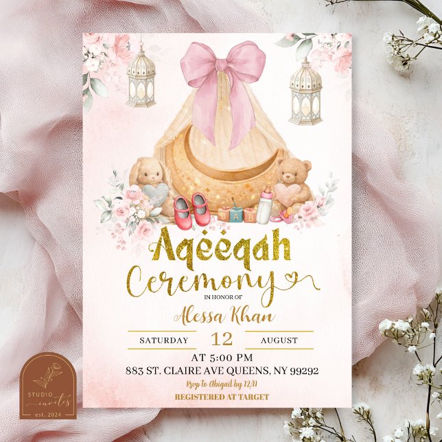 Invitación floral de niña Aqeeqah con lazo rosa (Subido por el creador)