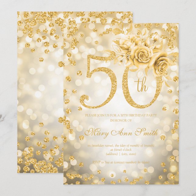 Invitación Floral de oro 50.º alumbrado de cumpleaños (Anverso / Reverso)