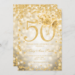 Invitación Floral de oro 50.º alumbrado de cumpleaños