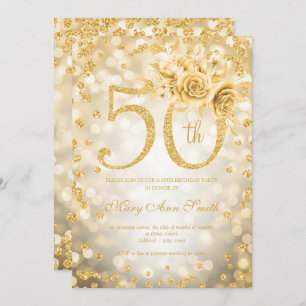 Invitación Floral de oro 50.º alumbrado de cumpleaños