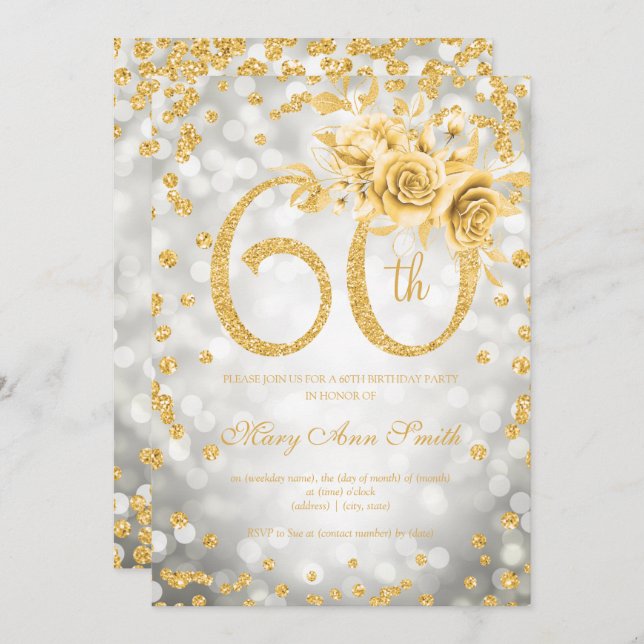 Invitación Floral de oro 60º cumpleaños Glam Silver Luces (Anverso / Reverso)
