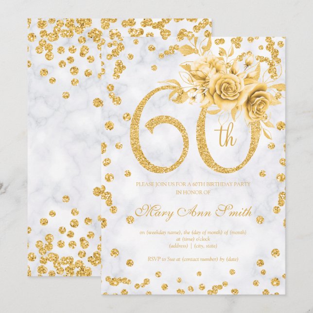 Invitación Floral de oro 60º cumpleaños Luces de Glam Plata (Anverso / Reverso)