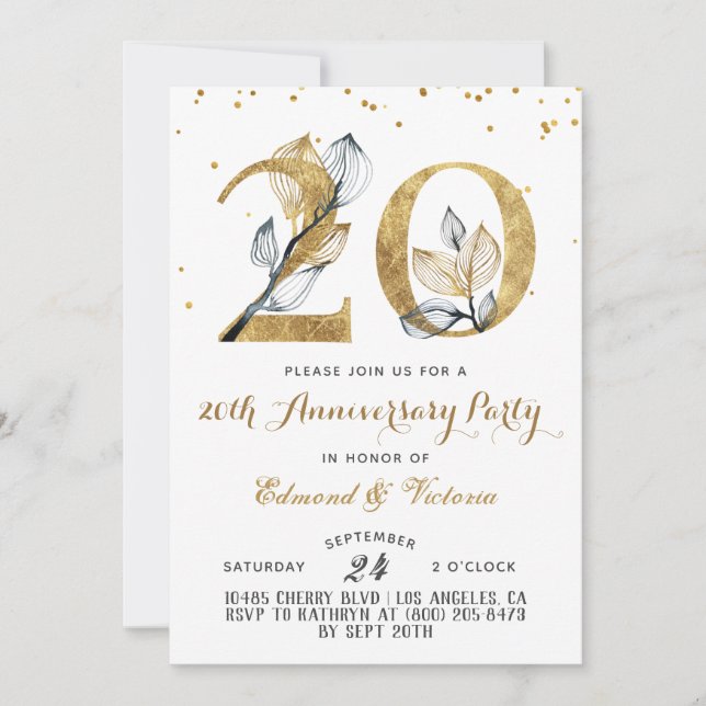 Invitación floral de oro a 20 años (Anverso)