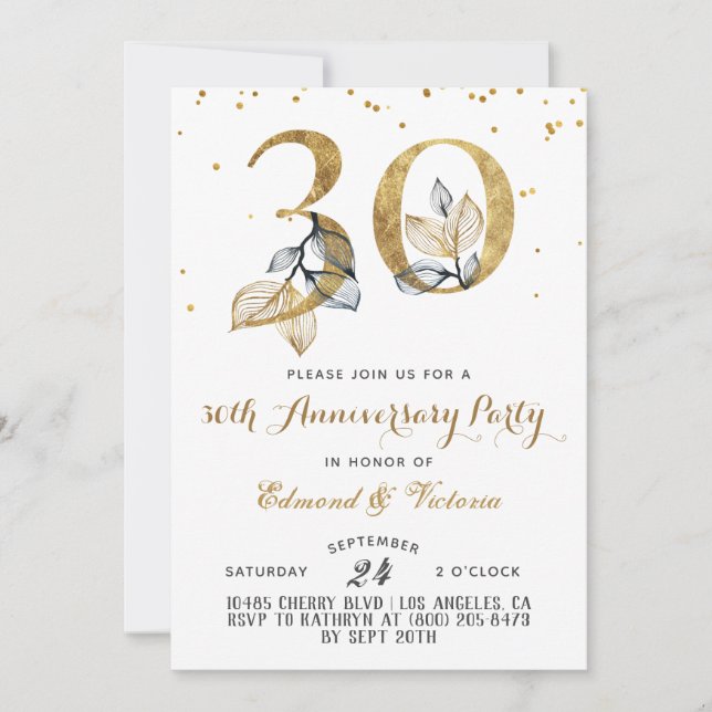 Invitación floral de oro a 30 años (Anverso)