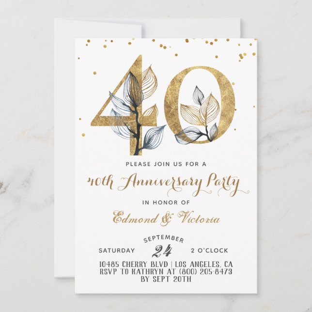 Invitación floral de oro a 40 años (Anverso)
