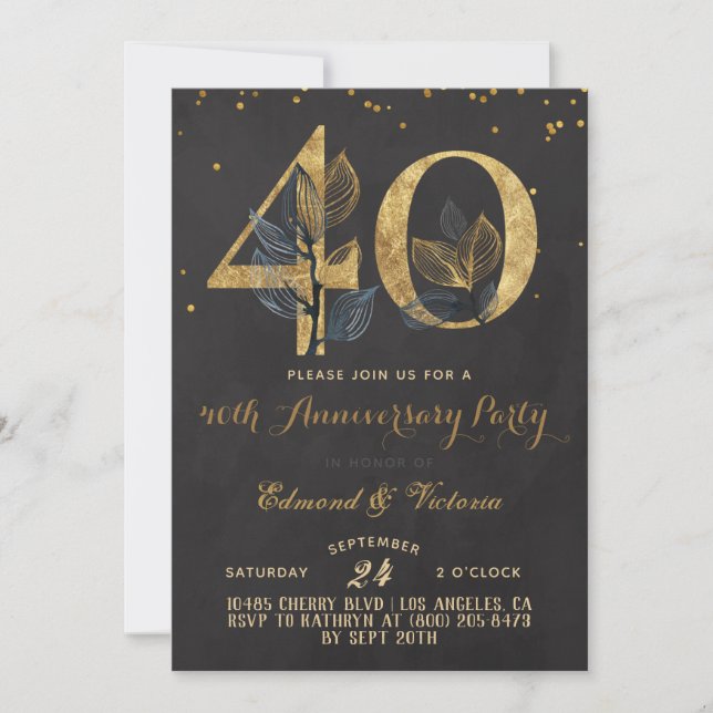 Invitación floral de oro a 40 años (Anverso)