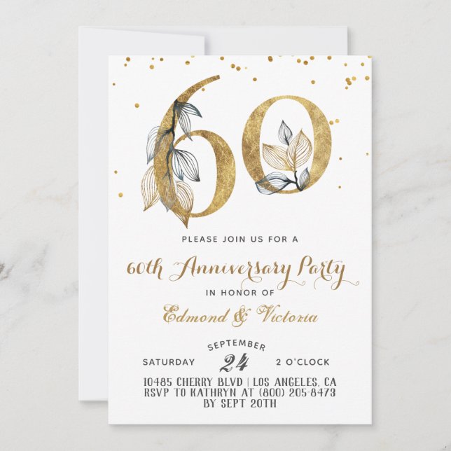 Invitación floral de oro a los 60 años (Anverso)