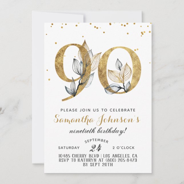 Invitación floral de oro a los 90 años (Anverso)