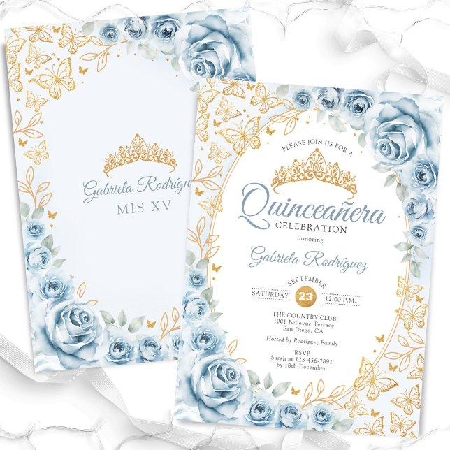 Invitación Floral de oro azul bebé Quinceanera (Subido por el creador)