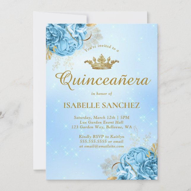 Invitación Floral de oro azul bebé Tiara Quinceanera (Anverso)
