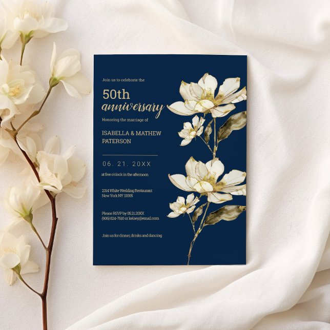 Invitación Floral de oro azul blanco 50 Aniversario Boda (White blue gold floral 50th Wedding Anniversary )