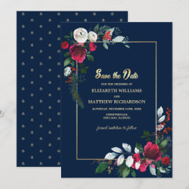 Invitación Floral de oro azul de borgoña marina salva la fech
