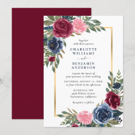 Invitación Floral de oro azul de la Marina Borgoña personaliz
