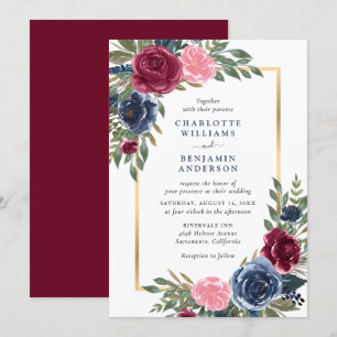 Invitación Floral de oro azul de la Marina Borgoña personaliz