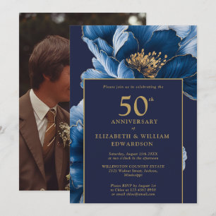 Invitación Floral de oro azul de la Marina de moda en 50 años