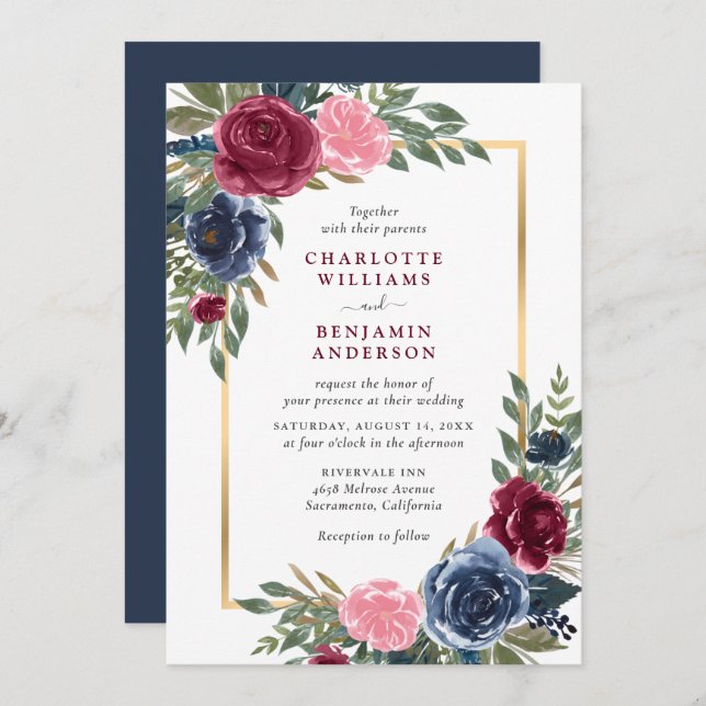 Invitación Floral de oro azul de la marina personalizada (Anverso / Reverso)