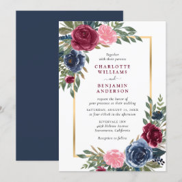 Invitación Floral de oro azul de la marina personalizada