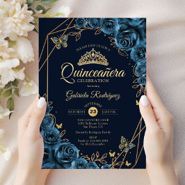 Invitación Floral de oro azul de la Marina Quinceanera