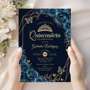 Invitación Floral de oro azul de la Marina Quinceanera