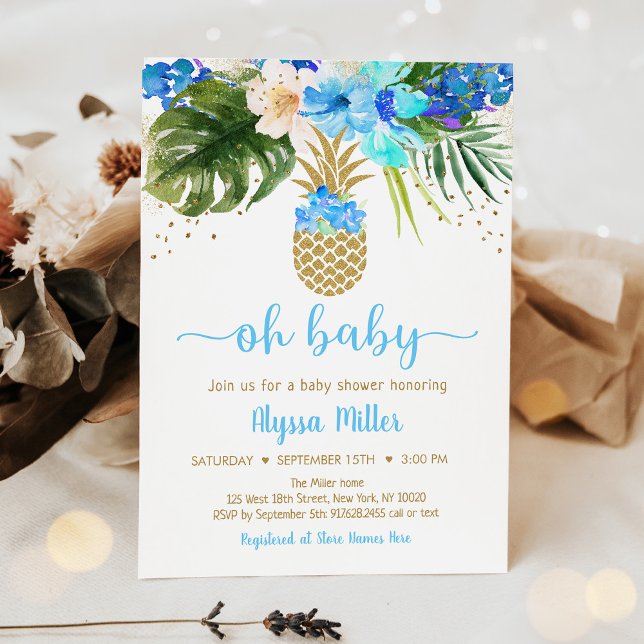 Invitación Floral de oro azul de piña Oh Baby Shower (Subido por el creador)