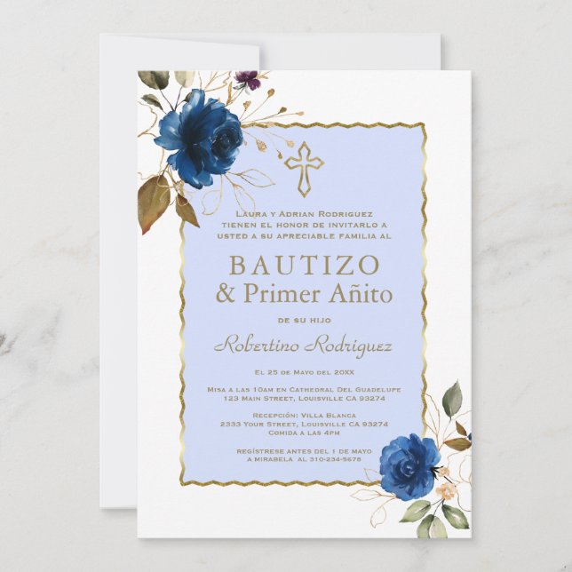 Invitación Floral de oro azul español primer cumpleaños y bau (Anverso)