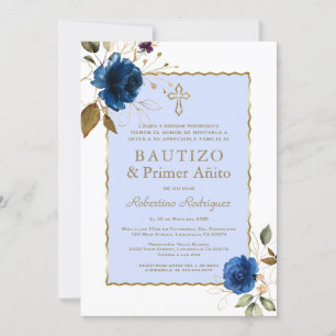 Invitación Floral de oro azul español primer cumpleaños y bau