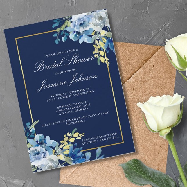 Invitación Floral de oro azul marino elegante ducha de novia (Subido por el creador)