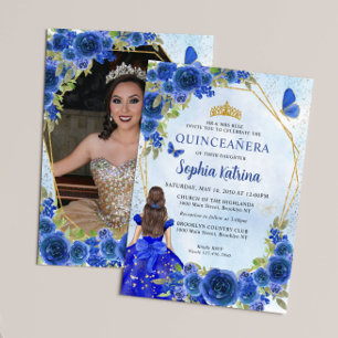 Invitación Floral de oro azul marino Princesa Quinceañera Fot