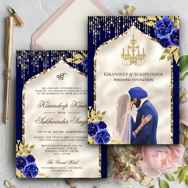 Invitación Floral de oro azul real Anand Karaj Sikh Boda (Subido por el creador)