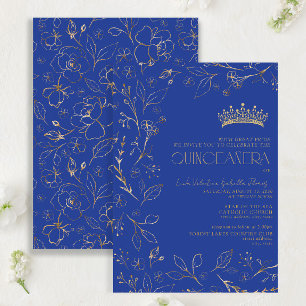 Invitación Floral de oro azul real moderna Tiara Quinceañera