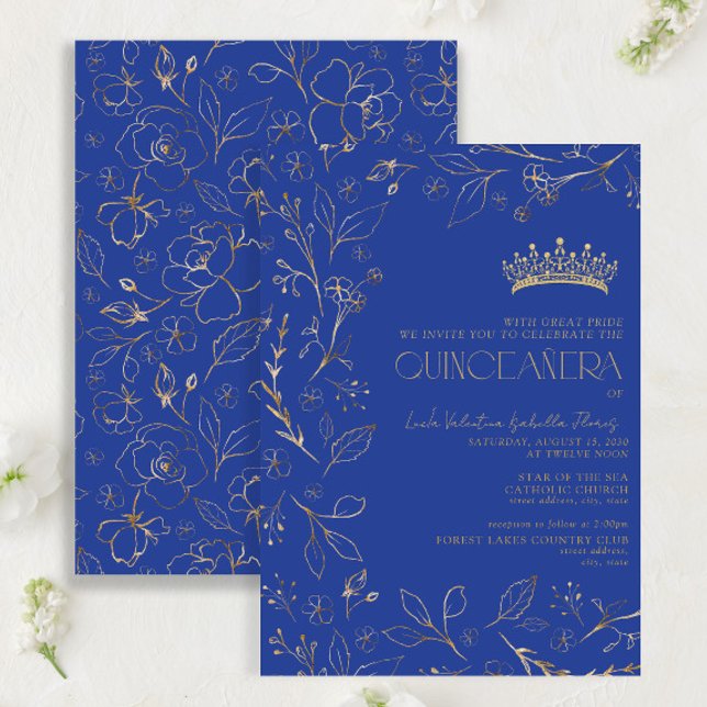 Invitación Floral de oro azul real moderna Tiara Quinceañera (Subido por el creador)