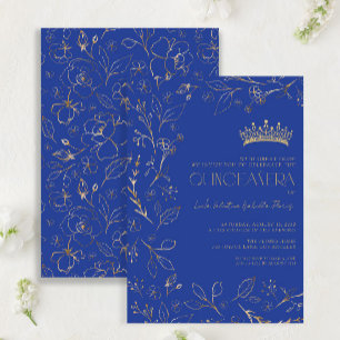 Invitación Floral de oro azul real moderna Tiara Quinceañera