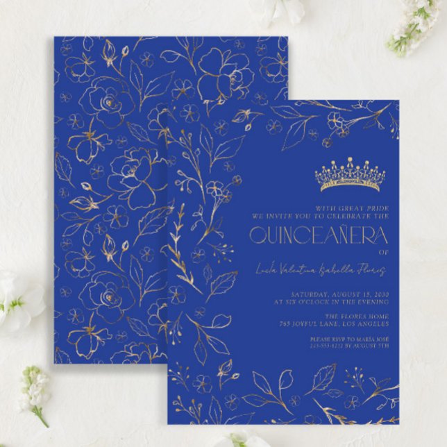 Invitación Floral de oro azul real moderna Tiara Quinceañera (Subido por el creador)