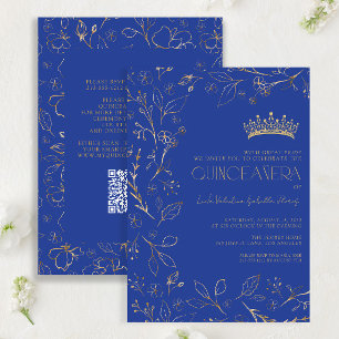 Invitación Floral de oro azul real moderno Tiara QR Quinceañe