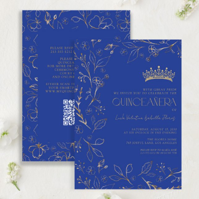Invitación Floral de oro azul real moderno Tiara QR Quinceañe (Subido por el creador)