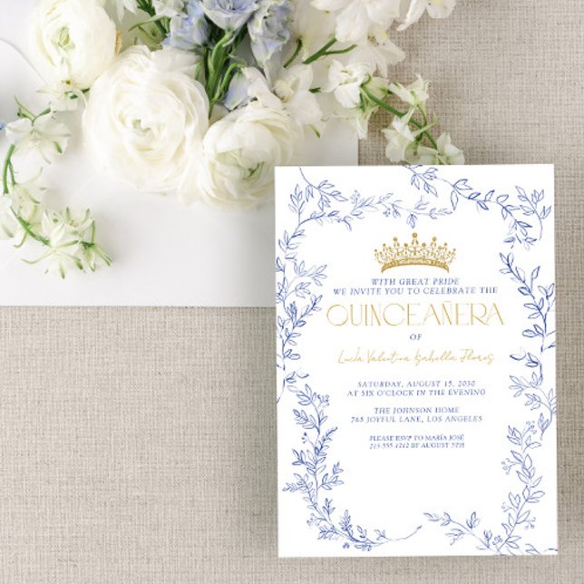 Invitación Floral de oro azul real Quinceañera Quince Años (Subido por el creador)