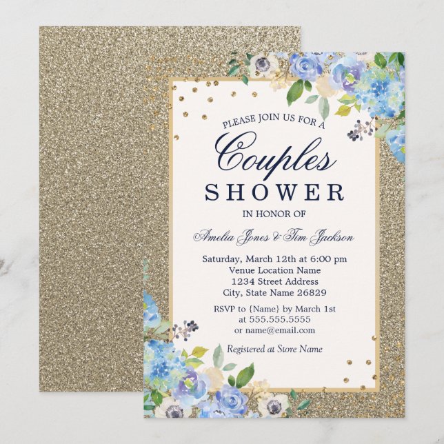 Invitación Floral de oro azul Sparkle Couples Ducha (Anverso / Reverso)