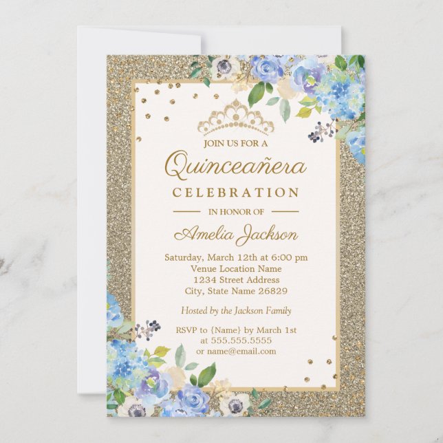 Invitación Floral de oro azul Sparkle Quinceanera (Anverso)