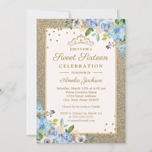 Invitación Floral de oro azul Sparkle Sweet 16 Invitados (Anverso)