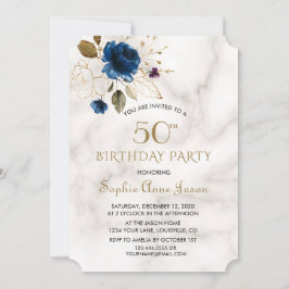 Invitación Floral de oro azul suntuosa 50 cumpleaños