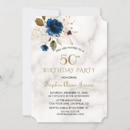 Invitación Floral de oro azul suntuosa 50 cumpleaños