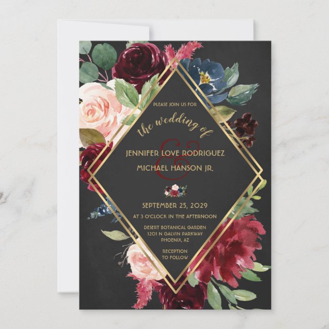 Invitación Floral de oro Black Boho Boda Burgundy Merlot (Anverso)